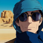 Illustration stylisée d'un homme portant des vêtements bleus et des lunettes de soleil rondes