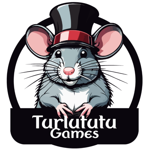 Un rat avec un chapeau, et le titre Turlututu Games sur un panneau